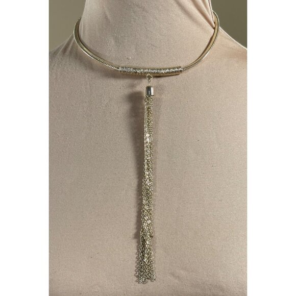 New York & Co Statement Necklace Gold Tone Snake Chain Tassel Choker - Picture 1 of 4